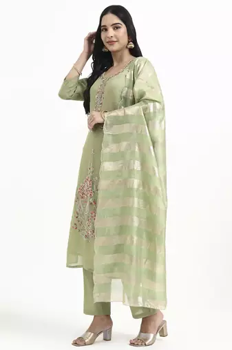 green solid straight style chanderi silk lining kurta trouser dupatta set