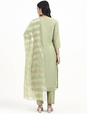 green solid straight style chanderi silk lining kurta trouser dupatta set 3
