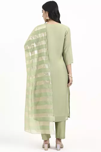 green solid straight style chanderi silk lining kurta trouser dupatta set