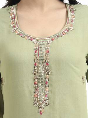green solid straight style chanderi silk lining kurta trouser dupatta set 4