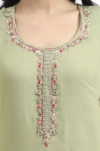green solid straight style chanderi silk lining kurta trouser dupatta set