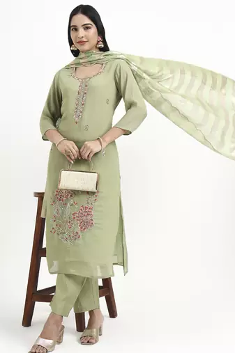 green solid straight style chanderi silk lining kurta trouser dupatta set