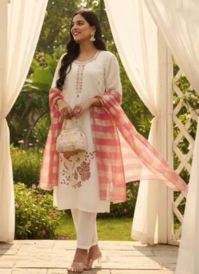 white solid straight style chanderi silk lining kurta trouser dupatta set 1