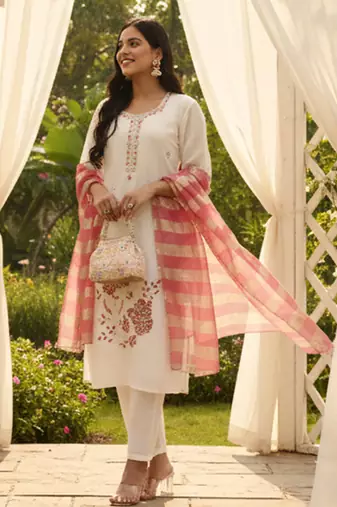 Yufta white solid straight style chanderi silk lining kurta trouser dupatta set