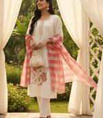 Yufta white solid straight style chanderi silk lining kurta trouser dupatta set
