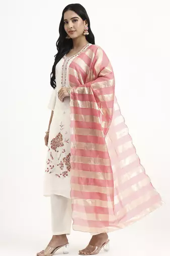 white solid straight style chanderi silk lining kurta trouser dupatta set