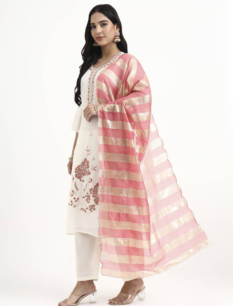 Yufta white solid straight style chanderi silk lining kurta trouser dupatta set