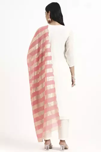 white solid straight style chanderi silk lining kurta trouser dupatta set