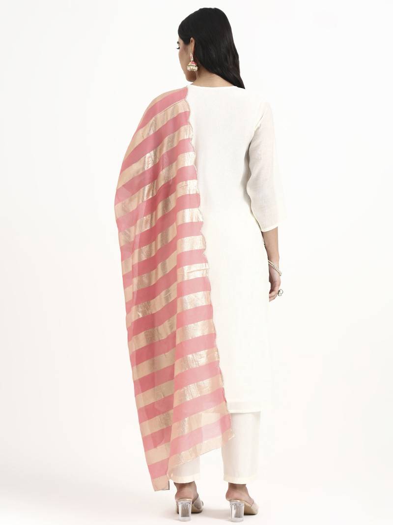 Yufta white solid straight style chanderi silk lining kurta trouser dupatta set