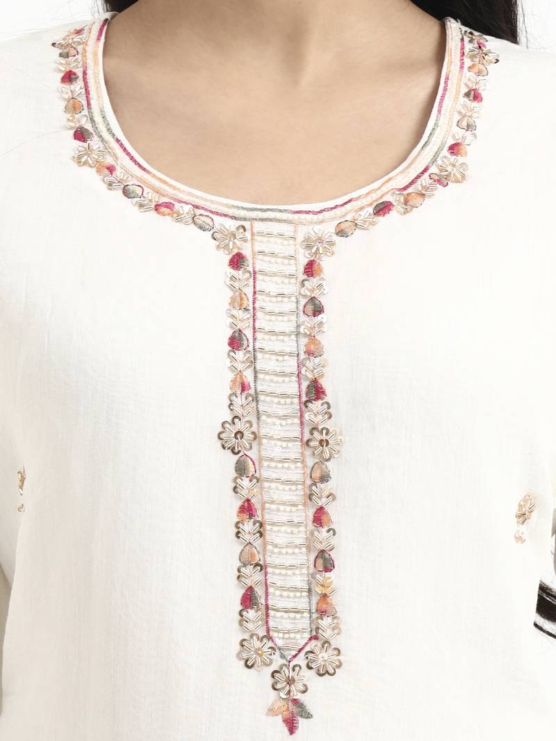 Yufta white solid straight style chanderi silk lining kurta trouser dupatta set