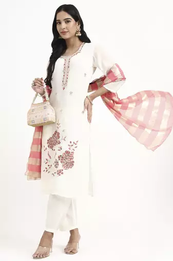 white solid straight style chanderi silk lining kurta trouser dupatta set