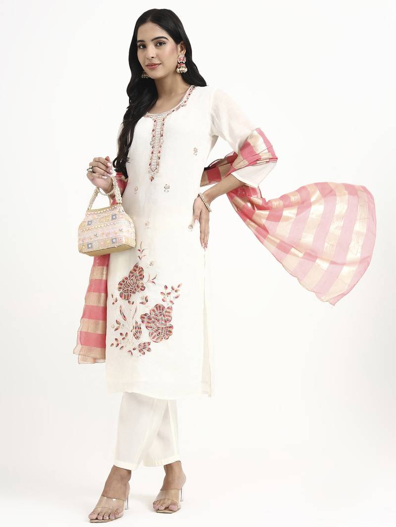 Yufta white solid straight style chanderi silk lining kurta trouser dupatta set