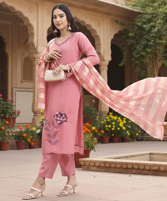  pink solid straight style chanderi silk lining kurta trouser dupatta set 1