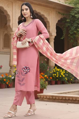 Yufta pink solid straight style chanderi silk lining kurta trouser dupatta set