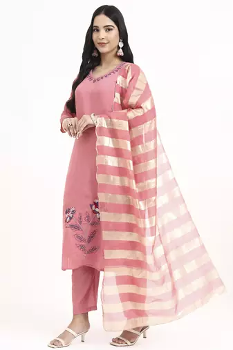  pink solid straight style chanderi silk lining kurta trouser dupatta set