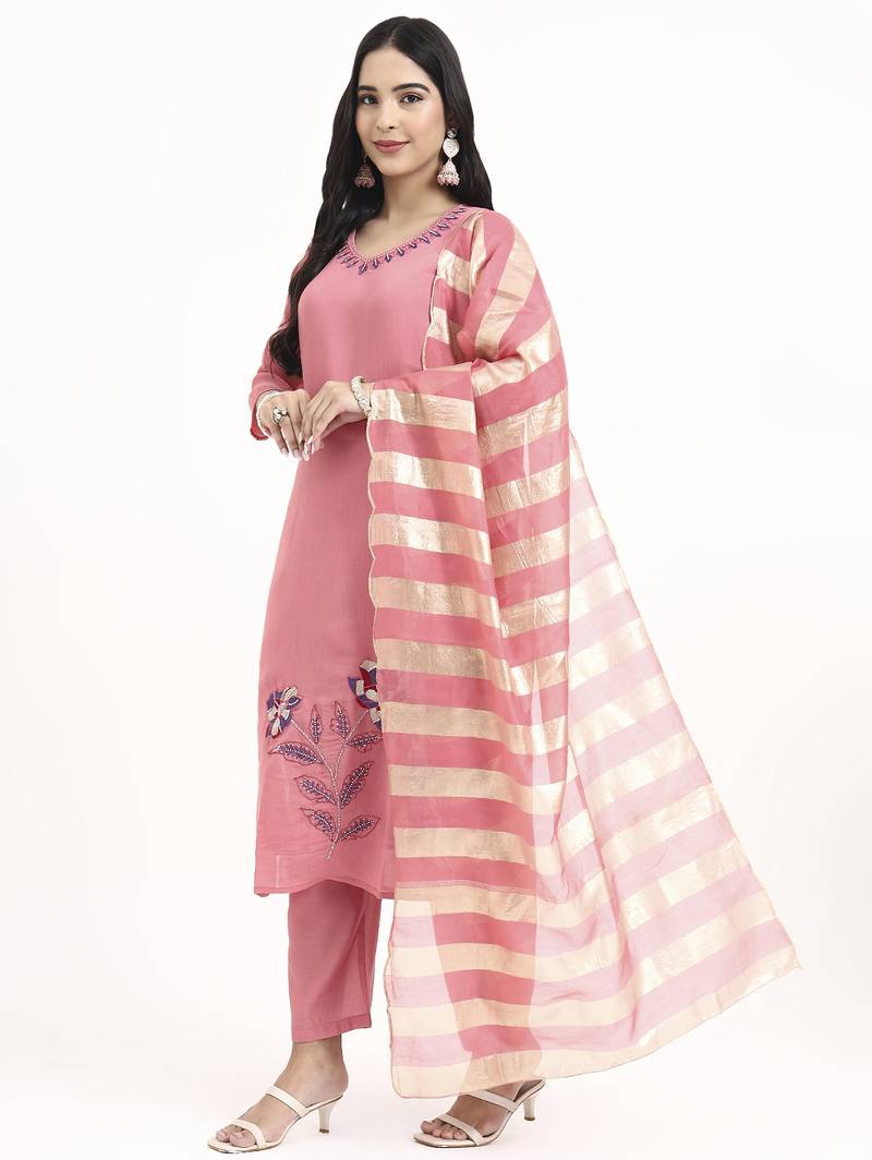 Yufta pink solid straight style chanderi silk lining kurta trouser dupatta set