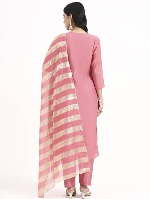  pink solid straight style chanderi silk lining kurta trouser dupatta set 3