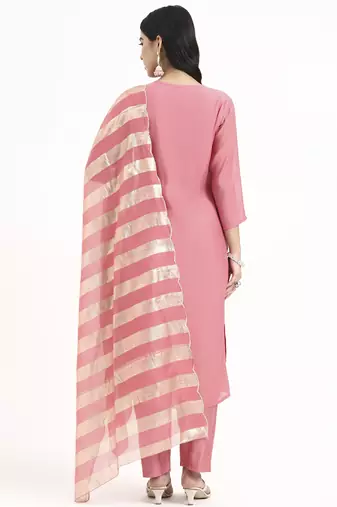  pink solid straight style chanderi silk lining kurta trouser dupatta set