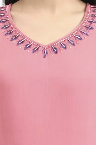  pink solid straight style chanderi silk lining kurta trouser dupatta set