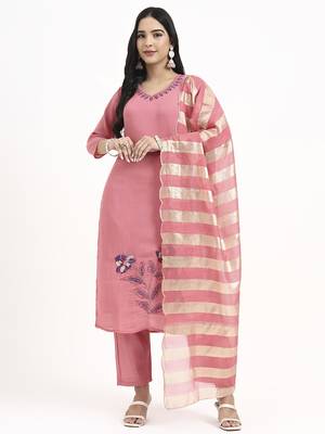  pink solid straight style chanderi silk lining kurta trouser dupatta set 5