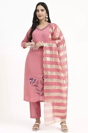  pink solid straight style chanderi silk lining kurta trouser dupatta set