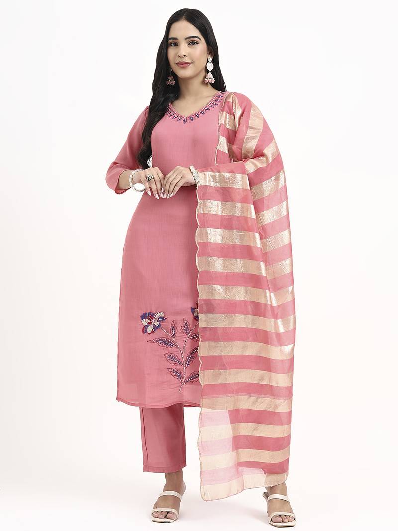 Yufta pink solid straight style chanderi silk lining kurta trouser dupatta set