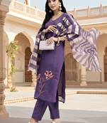 Yufta purple solid straight style chanderi silk lining kurta trouser dupatta set