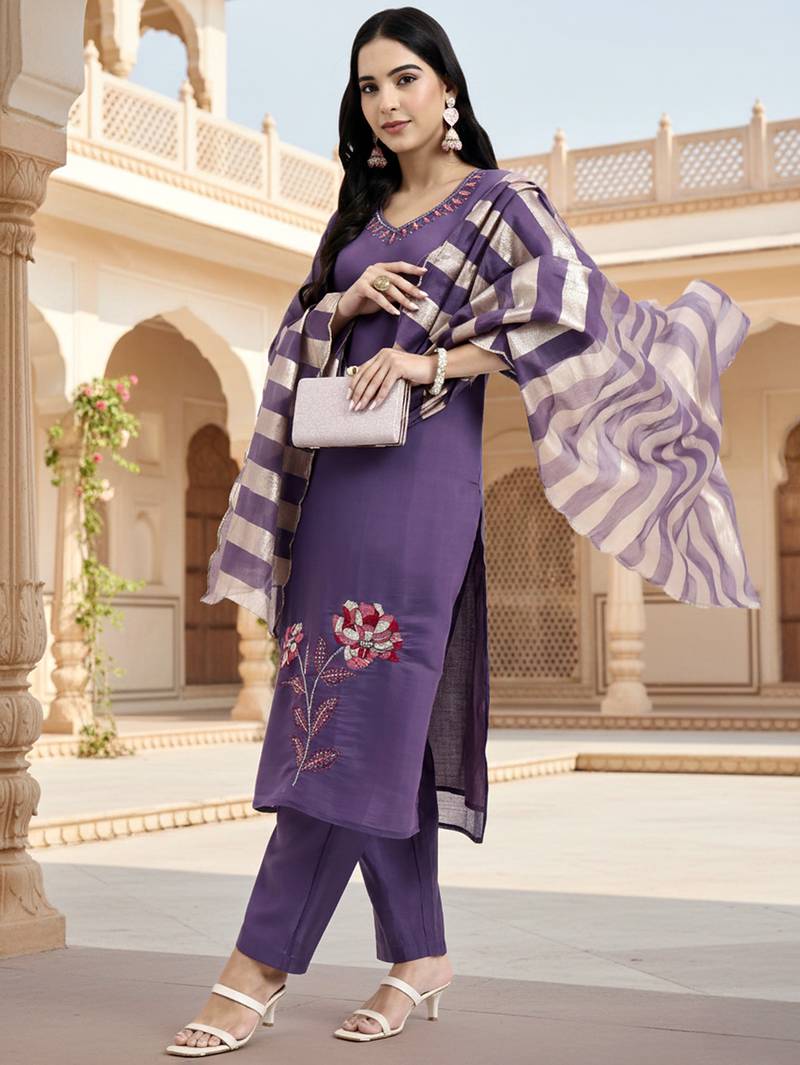 Yufta purple solid straight style chanderi silk lining kurta trouser dupatta set