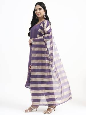  purple solid straight style chanderi silk lining kurta trouser dupatta set 2