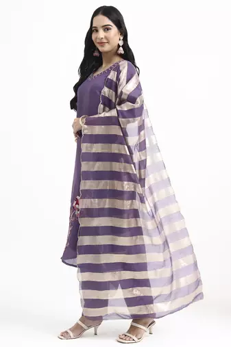  purple solid straight style chanderi silk lining kurta trouser dupatta set