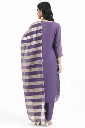  purple solid straight style chanderi silk lining kurta trouser dupatta set