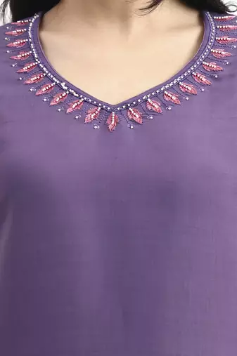  purple solid straight style chanderi silk lining kurta trouser dupatta set