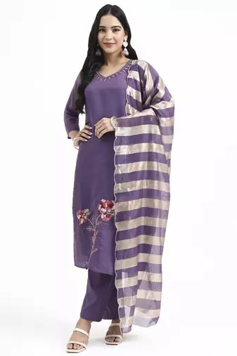  purple solid straight style chanderi silk lining kurta trouser dupatta set