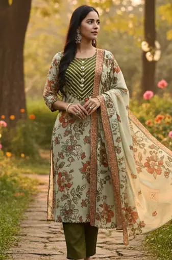 Yufta green lensing a line kurta trouser dupatta set