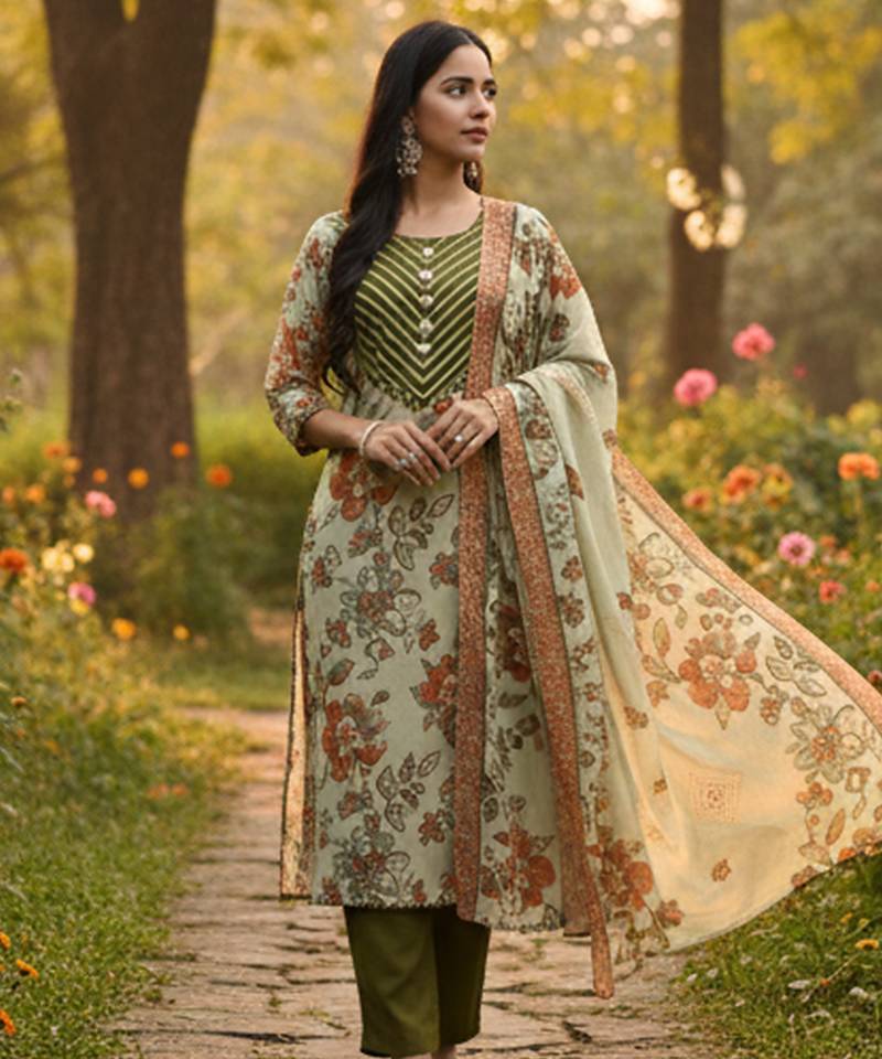 Yufta green lensing a line kurta trouser dupatta set