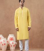 Yellow cotton silk embroidered kurta for men's
