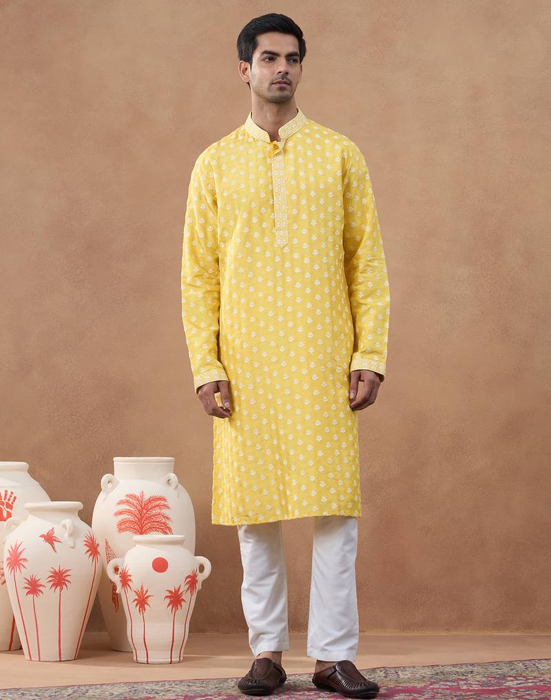 Yellow cotton silk embroidered kurta for men's