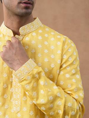 Yellow cotton silk embroidered kurta for men's 2