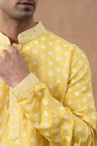 Yellow cotton silk embroidered kurta for men's