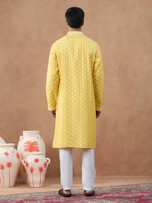 Yellow cotton silk embroidered kurta for men's 4