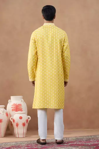 Yellow cotton silk embroidered kurta for men's