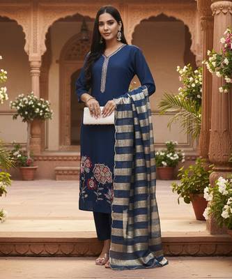  navy blue solid straight style chanderi silk lining kurta trouser dupatta set 1