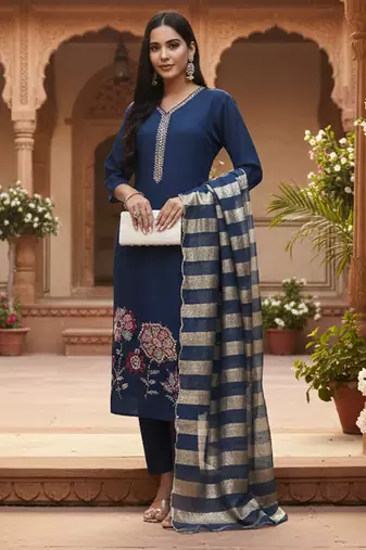Yufta navy blue solid straight style chanderi silk lining kurta trouser dupatta set