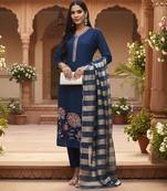Yufta navy blue solid straight style chanderi silk lining kurta trouser dupatta set