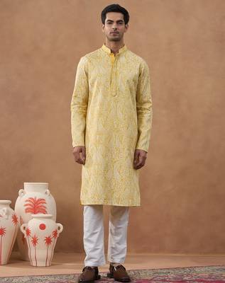 Yellow cotton silk embroidered kurta for men's 1