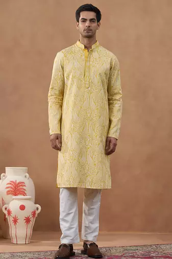 Yellow cotton silk embroidered kurta for men's