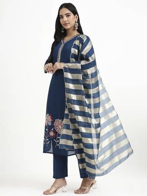  navy blue solid straight style chanderi silk lining kurta trouser dupatta set 2
