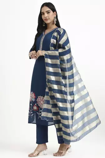  navy blue solid straight style chanderi silk lining kurta trouser dupatta set