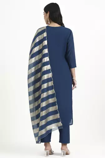  navy blue solid straight style chanderi silk lining kurta trouser dupatta set