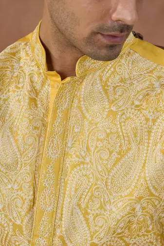 Yellow cotton silk embroidered kurta for men's